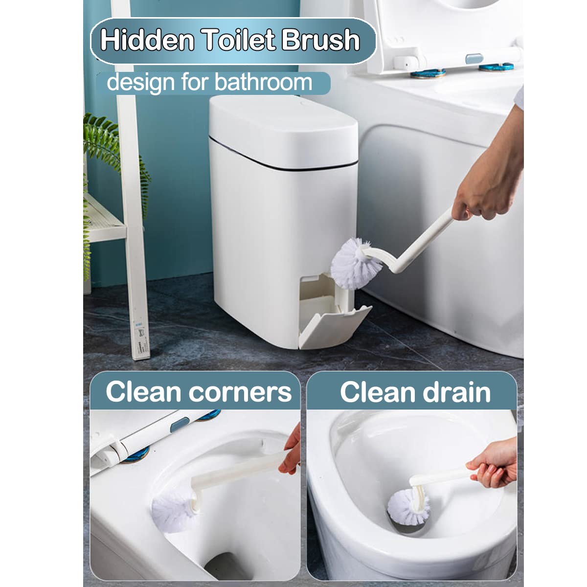 3.7 Gallons Bathroom Trash Can and Toilet Brush Set, 14 Liter Slim Trash Can with Toilet Brush Holder Set for RV, Black lid