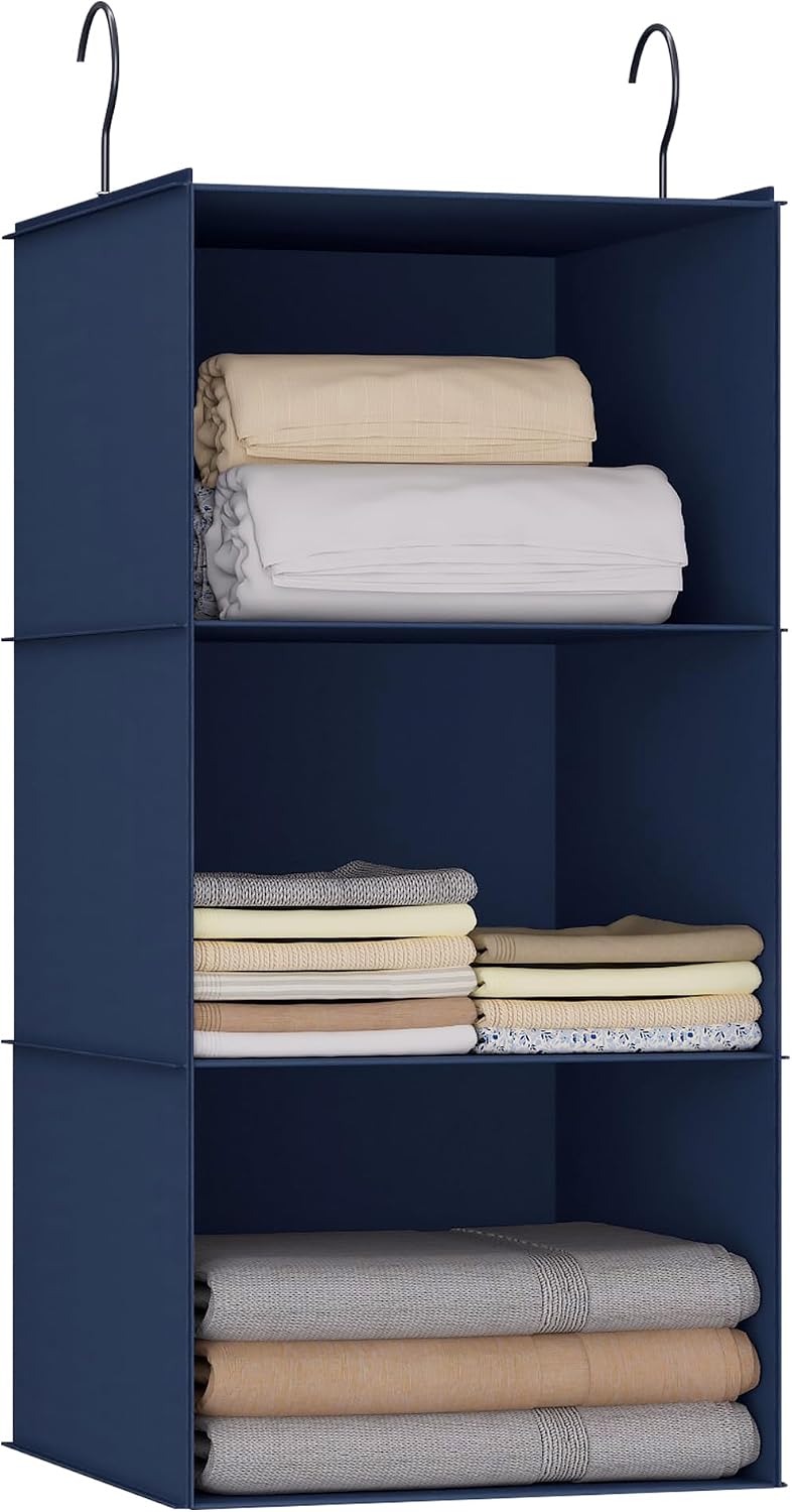 Hanging Closet Organizer 3-Shelf, Oxford Fabric Wardrobe Storage, Gray | Easy-mount foldable design holds clothes, handbags, shoes & accessories; washable Oxford fabric, sturdy and space-saving.