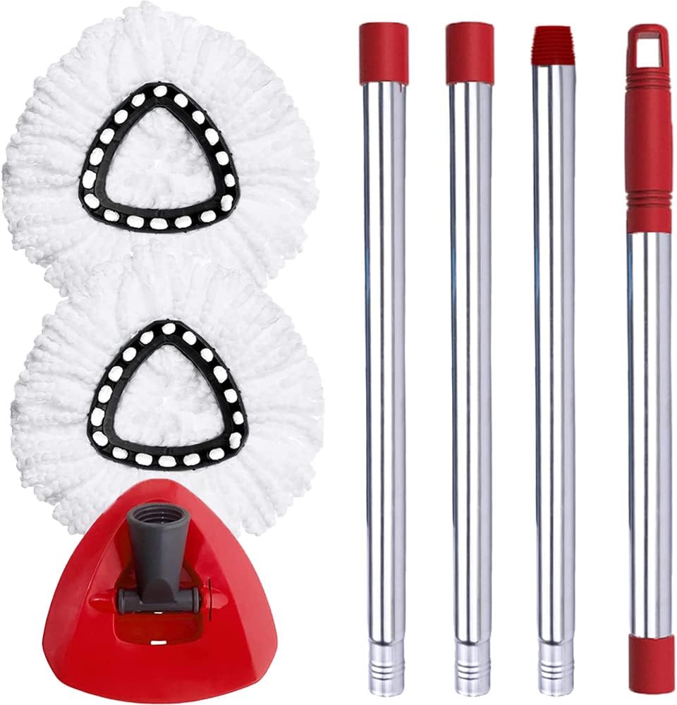 ANREKEYH Spin Mop Head, Base, Handle Replacement for O-Ceda EasyWring Microfiber Spin Mops, 2 Microfiber Mop Refills, 1 Triangle Head Cover and 30-58in Handle Set Combo (White(1 Tank System))