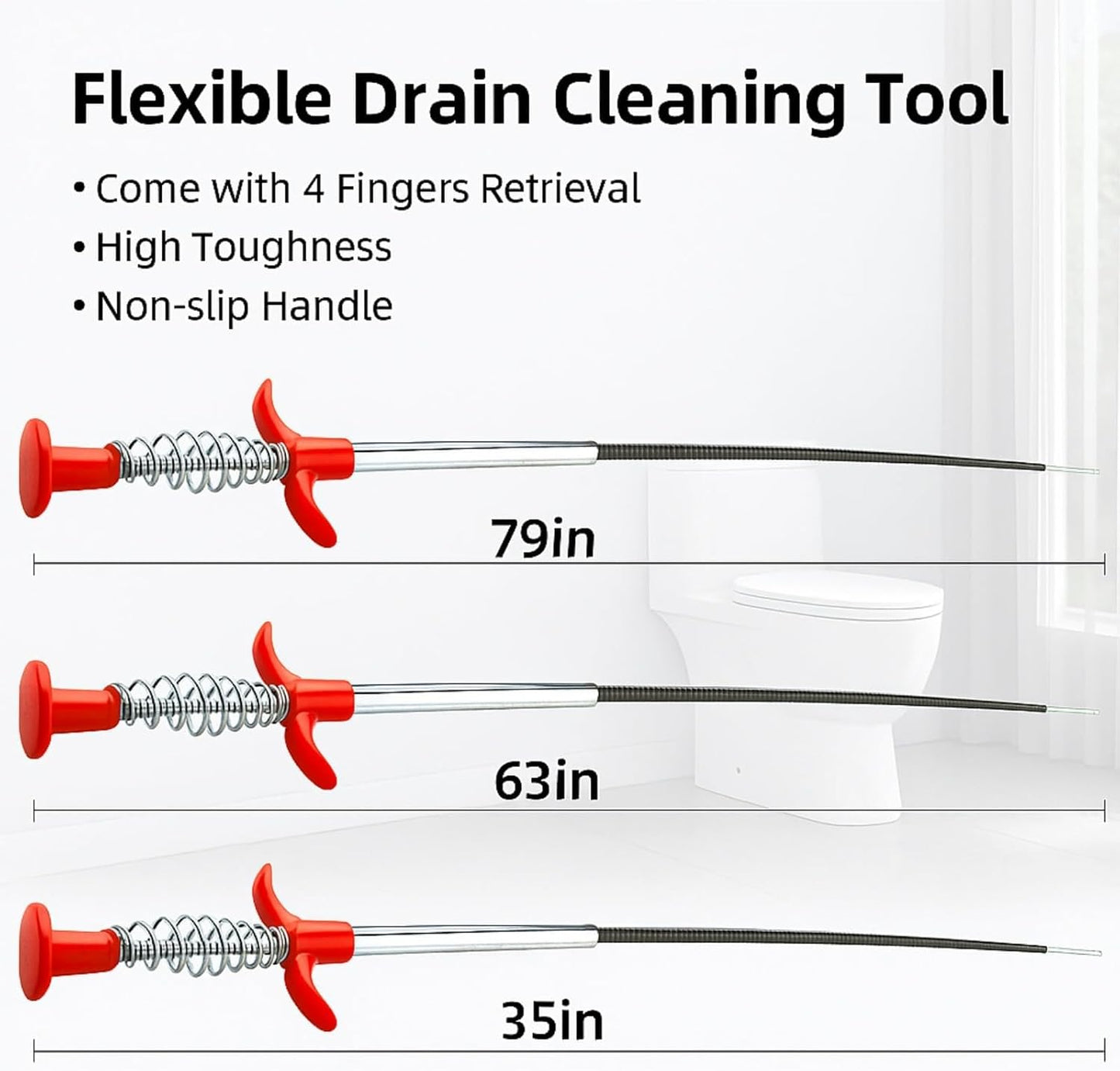 Drain Snake, Drain Cleaner & Hair Clog Remover Tool – Flexible Plumbing Snake for Toilet, Sink, Shower, Bathtub – Heavy Duty Manual Drain Auger with Grabber (35inches, 63inches, 79inches)