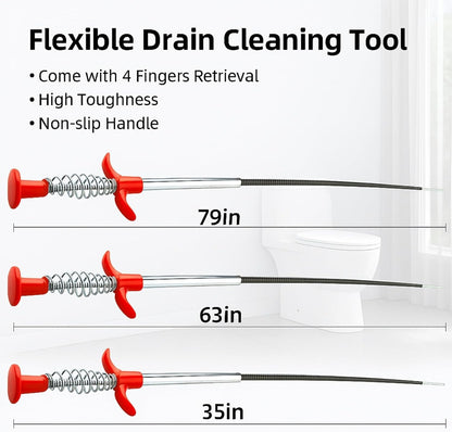 Drain Snake, Drain Cleaner & Hair Clog Remover Tool – Flexible Plumbing Snake for Toilet, Sink, Shower, Bathtub – Heavy Duty Manual Drain Auger with Grabber (35inches, 63inches, 79inches)