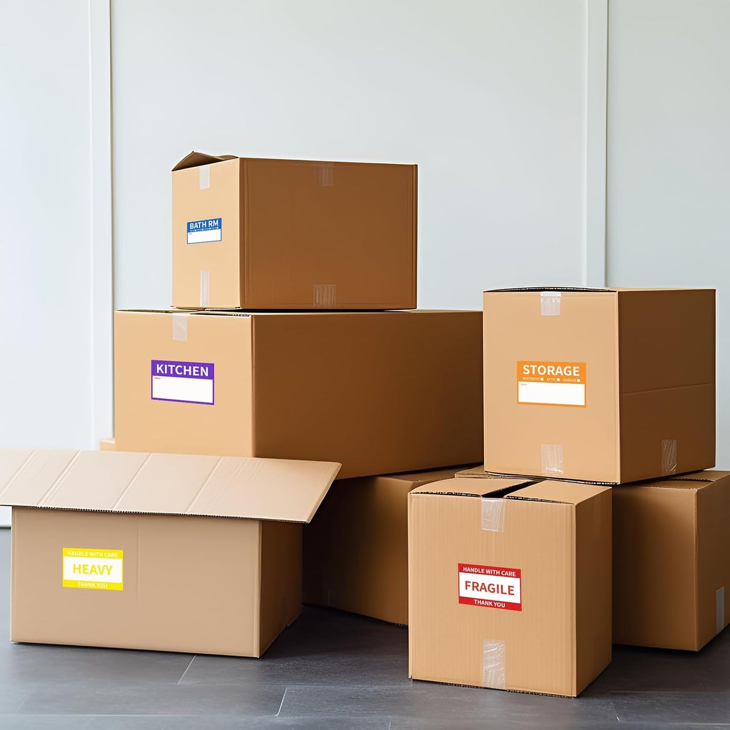 Ououstate Moving Stickers, 6 x 4 Inches Color-Coded Packing Box Labels 10 Designs with Fragile 、Heavy and Blank Customizable Labels (6 * 4IN)