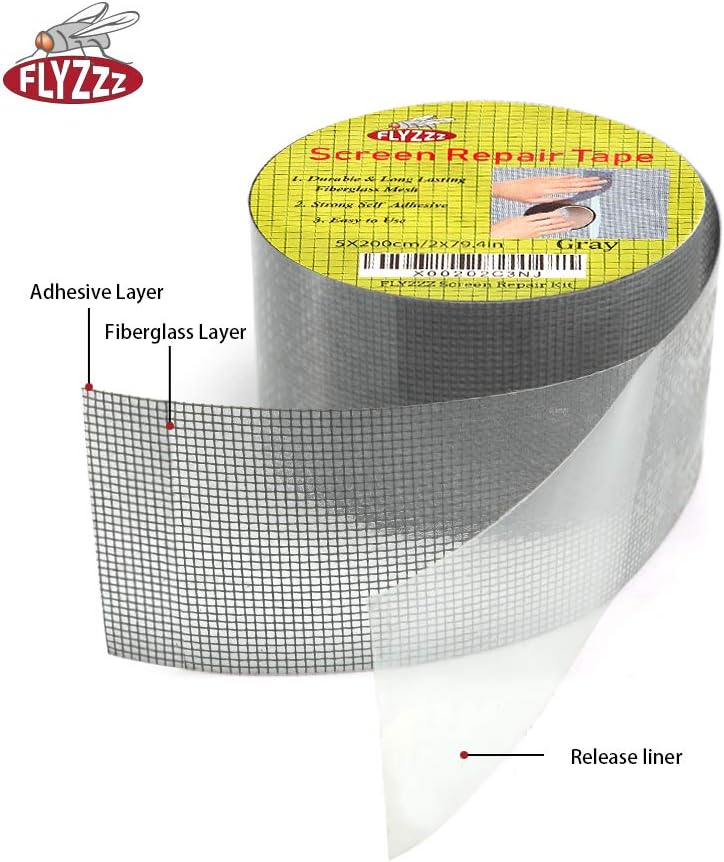 FLYZZZ Window Screen Repair Kit Tape with Stitching Thread, Gray(16.4FT), Waterproof 3-Layer Strong Adhesive Window Screen Doors Patch Tape Suitable for Covering Holes&Tears Instantly