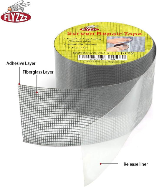 FLYZZZ Window Screen Repair Kit Tape with Stitching Thread, Gray(16.4FT), Waterproof 3-Layer Strong Adhesive Window Screen Doors Patch Tape Suitable for Covering Holes&Tears Instantly