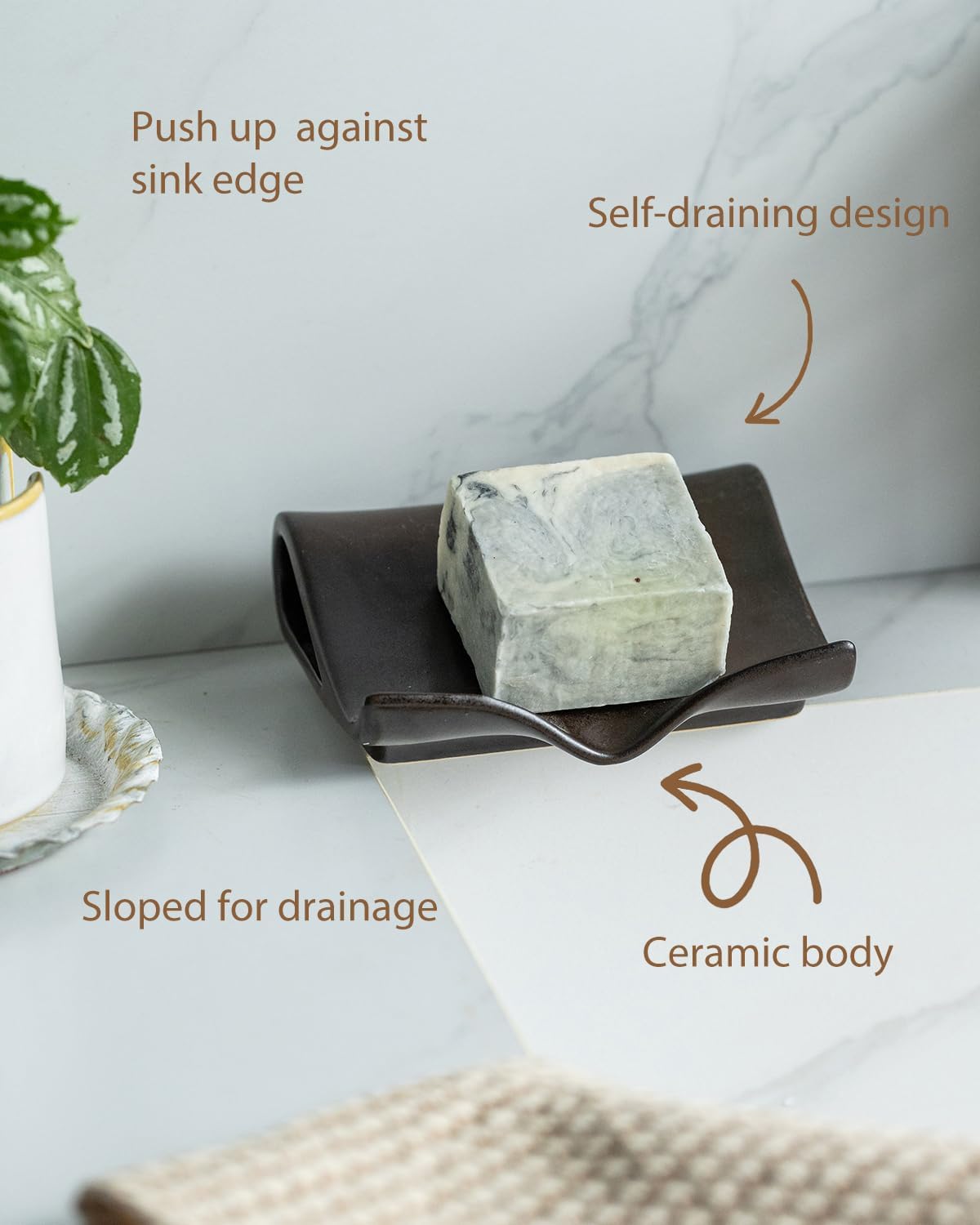 Zoeeker Self-Draining Soap Dish, Ceramic Soap Holder with Drain Spout Waterfall Drying Tray for Shower Bathroom Kitchen Sink Bathtub, Keep Soap Bars Dry, Blue