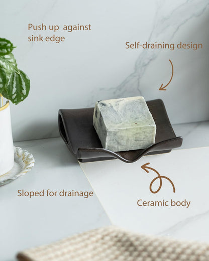Zoeeker Self-Draining Soap Dish, Ceramic Soap Holder with Drain Spout Waterfall Drying Tray for Shower Bathroom Kitchen Sink Bathtub, Keep Soap Bars Dry, Blue