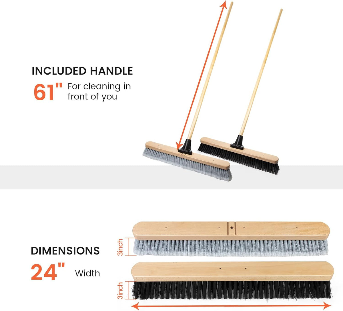 ALANNG 24” Push Brooms for Indoor and Outdoor, Heavy Duty Broom for Sweeping with 61” Wood Handle, Soft Bristle and Stiff Bristle Broom Set for Shop, Garage (2 Pieces)