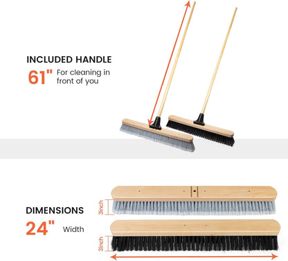ALANNG 24” Push Brooms for Indoor and Outdoor, Heavy Duty Broom for Sweeping with 61” Wood Handle, Soft Bristle and Stiff Bristle Broom Set for Shop, Garage (2 Pieces)