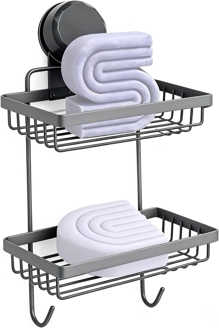Shampoo Bar Holder Compatible with Kitsch, 2-Tier Self-Draining Shower Caddy with Suction Cup, Hanging Shampoo Bar and Conditioner Organizer with 2 Hooks, Rust-Free Bathroom Wall Accessories