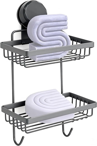 Shampoo Bar Holder Compatible with Kitsch, 2-Tier Self-Draining Shower Caddy with Suction Cup, Hanging Shampoo Bar and Conditioner Organizer with 2 Hooks, Rust-Free Bathroom Wall Accessories