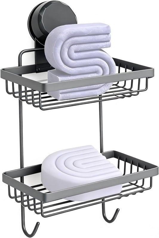 Shampoo Bar Holder Compatible with Kitsch, 2-Tier Self-Draining Shower Caddy with Suction Cup, Hanging Shampoo Bar and Conditioner Organizer with 2 Hooks, Rust-Free Bathroom Wall Accessories