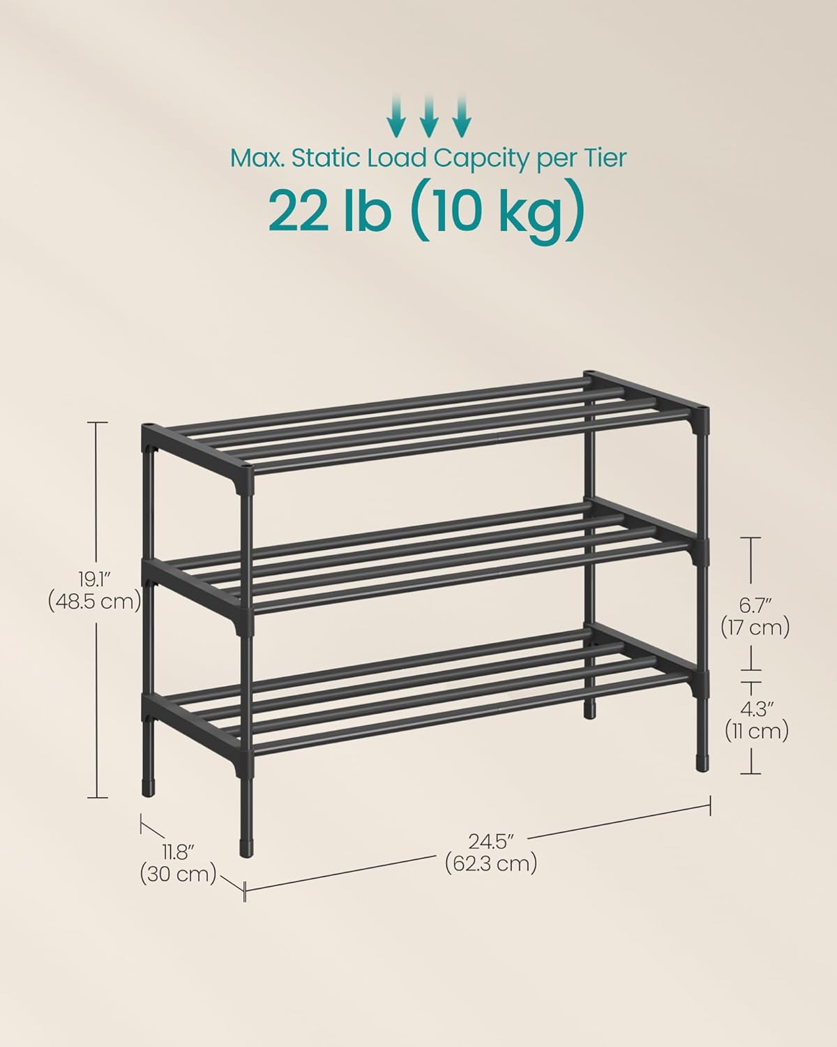 SONGMICS 2-Tier Shoe Rack for Closet, Compact Metal Shoe Organizer Shelf for Entryway, Bedroom, Small Spaces, Stackable, 11.8 x 24.5 x 12.2 Inches, Black ULSA122BH01