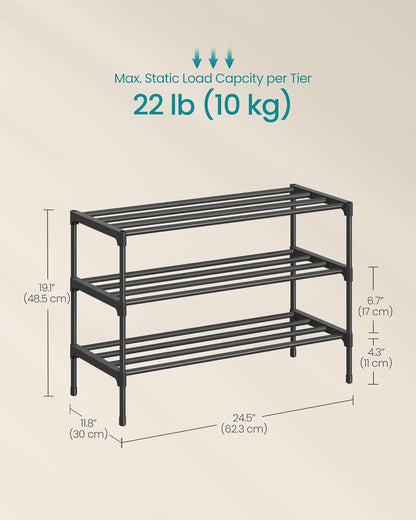 SONGMICS 2-Tier Shoe Rack for Closet, Compact Metal Shoe Organizer Shelf for Entryway, Bedroom, Small Spaces, Stackable, 11.8 x 24.5 x 12.2 Inches, Black ULSA122BH01