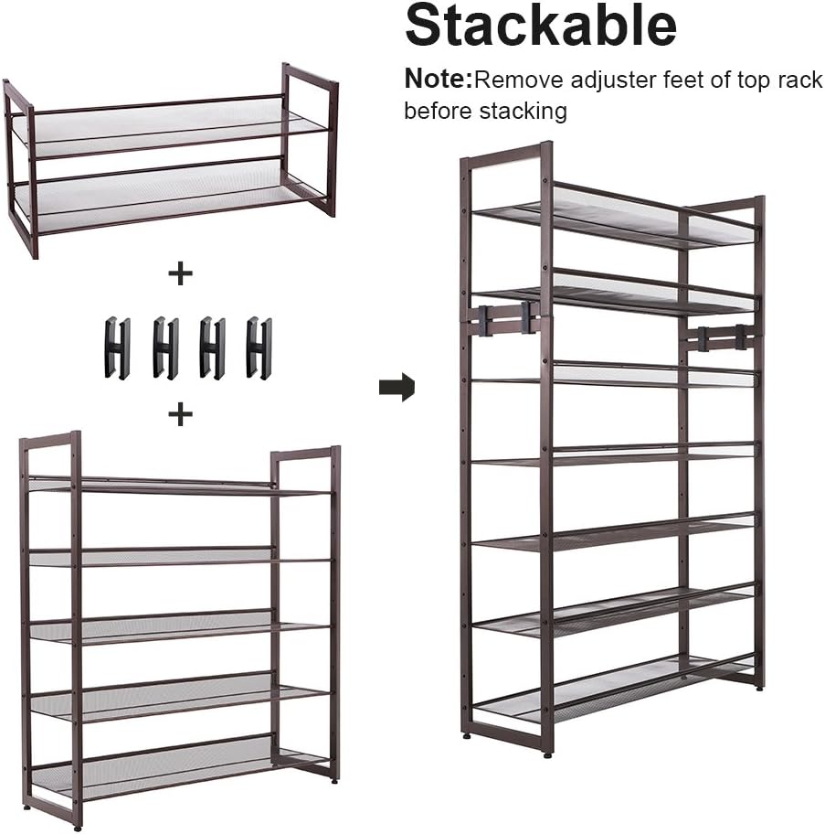 SONGMICS Shoe Rack, 12-Tier Shoe Organizer, Metal Shoe Storage for Garage, Entryway, Set of 2 6-Tier Stackable Shoe Shelf, with Adjustable Flat or Angled Shelves, Holds 48-60 Pairs, Black ULMR12B
