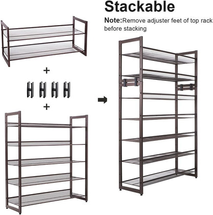 SONGMICS Shoe Rack, 12-Tier Shoe Organizer, Metal Shoe Storage for Garage, Entryway, Set of 2 6-Tier Stackable Shoe Shelf, with Adjustable Flat or Angled Shelves, Holds 48-60 Pairs, Black ULMR12B