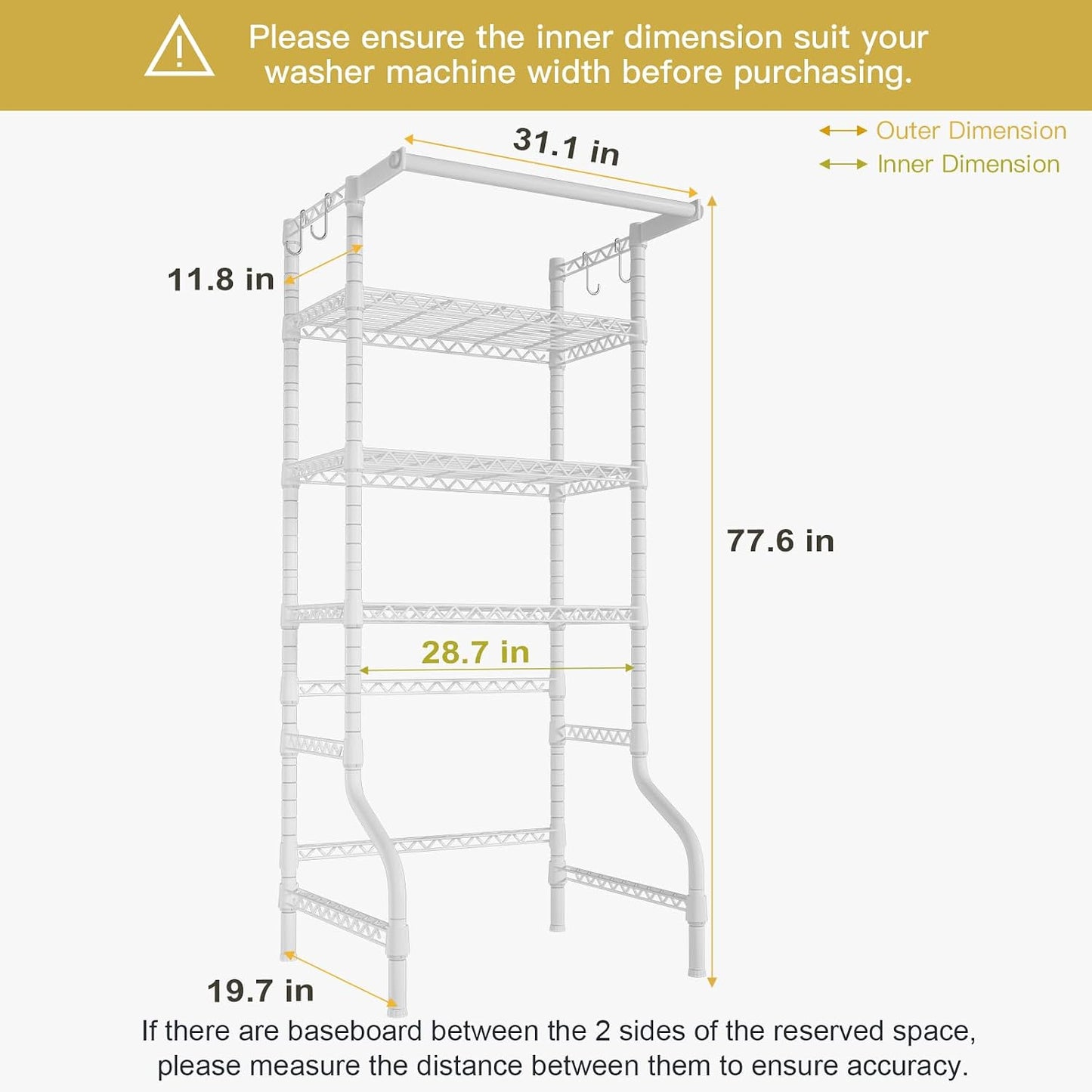 Ulif U11 Over Washer and Dryer Shelves, 3 Tiers Laundry Room Storage and Organizer Standing Shelf, Metal Freestanding Clothes Drying Rack, 33.9" W x 19.7" D x 77.6" H, Black