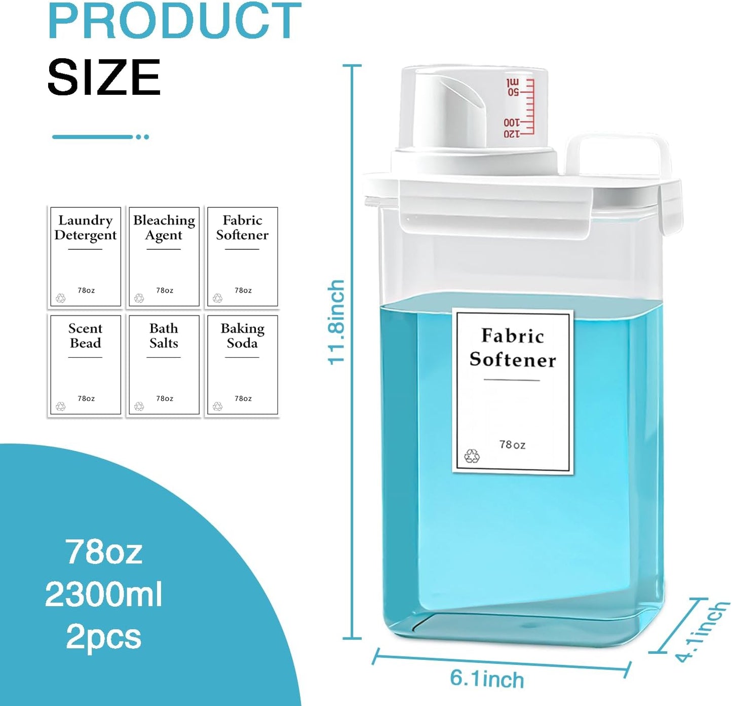 2 Pack Laundry Detergent Dispenser, 61oz Detergent Dispenser, Refluxable Laundry Detergent Container, Plastic Liquid Laundry Detergent Dispenser for Laundry Room Organization with 6 Labels