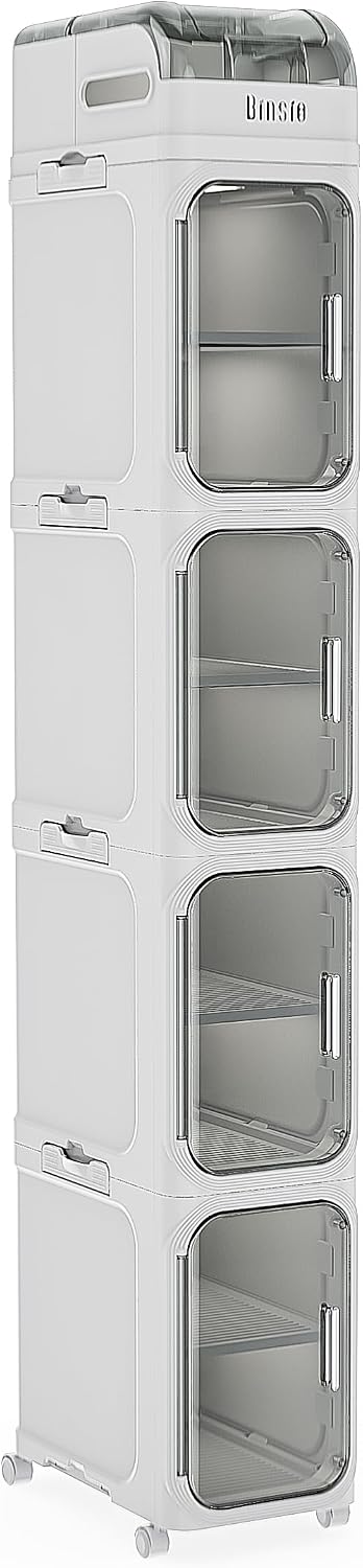 BINSIO 3-Tier Slim Bathroom Storage Cabinet for Toilet Side, Toilet Paper Storage Organizer, Narrow Rolling Bathroom Storage Cabinet with Transparent Doors for Small Space, Foldable Easy Assembly