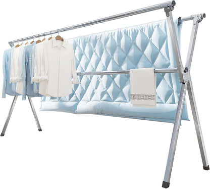 Vikaqi Clothes Drying Rack 79 Inches Folding Indoor Outdoor, Drying Rack Clothing Collapsible, Foldable Laundry Drying Rack, Heavy Duty Stainless Steel Clothesline, Garmet Rack, 20 Hooks 12 Clips