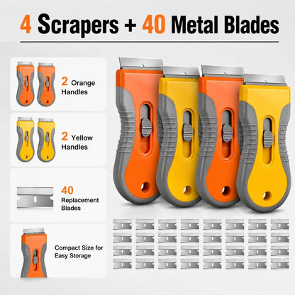 Razor Blade Scraper Set, 2 Safety-Lock Handles + 20 Steel Blades | Steel Blades Retract into Plastic Handles, Removes Stickers, Labels, Paint, Caulk and Residue From Windows, Cooktops and Tile