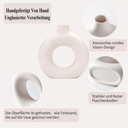 White Ceramic Donut Vase Set of 2, Hollow Matte Pampas Flower Vases for Boho Home Wedding Party Room Dinner Table Shelf Decor.（White）