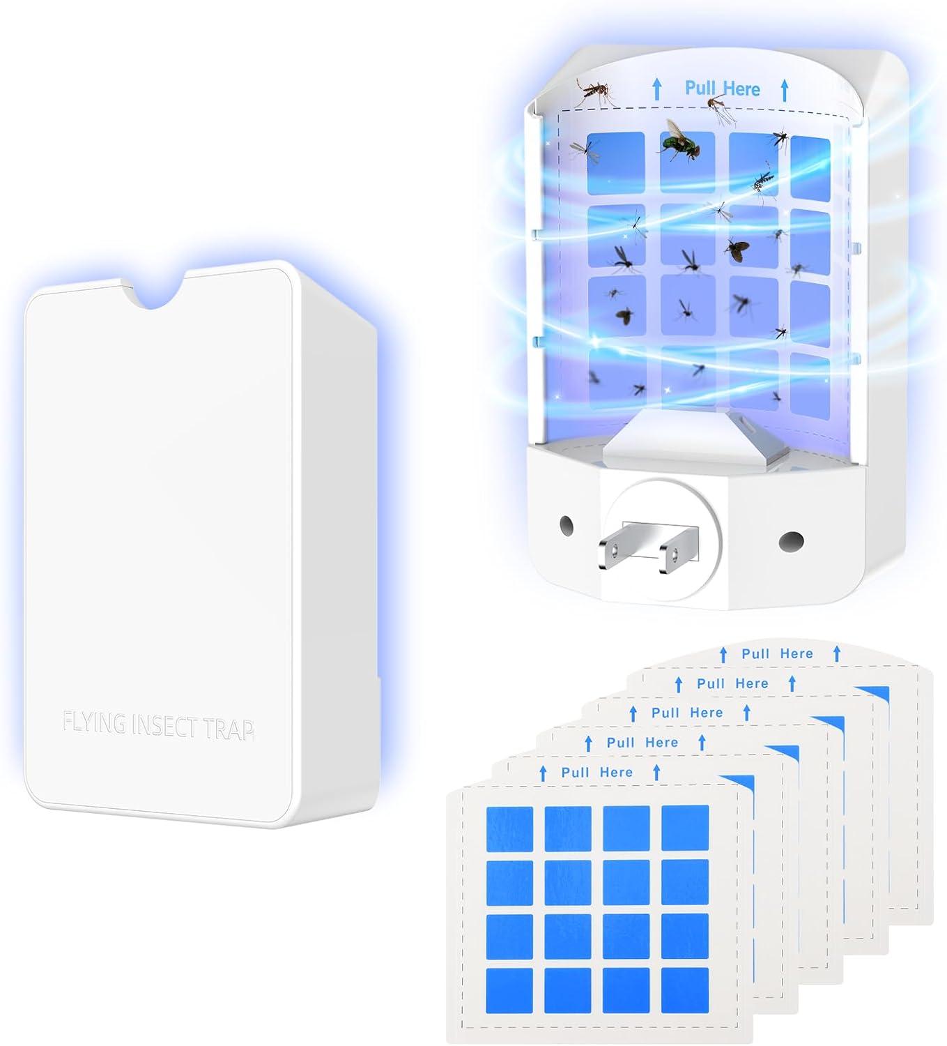 Indoor Fly Trap Plug in, Flying Insect Trap with Blue UV Light, Fruit Fly & Gnat Trap for Indoors, Mess-Free Bug Catcher for Home, 1 Device + 5 Refill Glue Cards