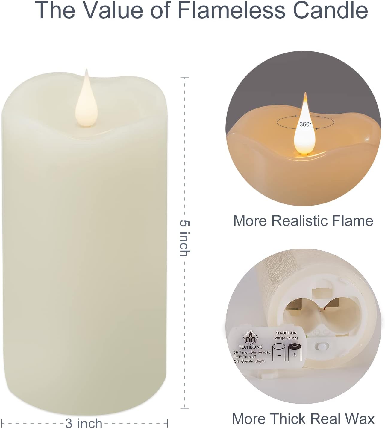 TECHLONG Flameless Candles with Remote Timer, 3D Moving Flickering Flame Battery Operated Candles Lasting 1000+ Hours, 3" x 5" Ivory Real Wax Electric LED Pillar Candles, Set of 2