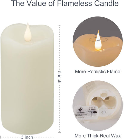 TECHLONG Flameless Candles with Remote Timer, 3D Moving Flickering Flame Battery Operated Candles Lasting 1000+ Hours, 3" x 5" Ivory Real Wax Electric LED Pillar Candles, Set of 2
