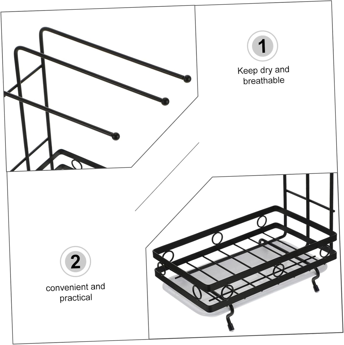 SOLUSTRE Dual-Purpose Wall-Mounted Sponge Rack Black 3-Rod Dishcloth Holder Kitchen Draining Rack for Sponge and Rags Space-Saving Design for Cleaning Supplies