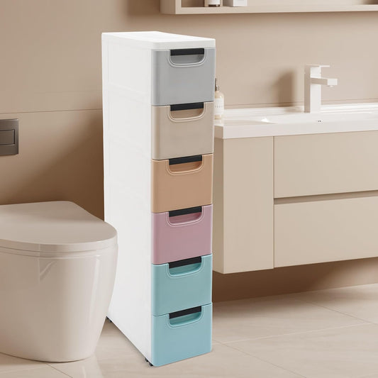 6 Drawers Narrow Storage Cabinet, Slim Rolling Cabinet with Wheels 77.16lbs Loading Capacity, Mobile Utility Cart with Drawers for Small Spaces Living Room Bedroom Office 15.7x7.9x39.4in (Multicolor)