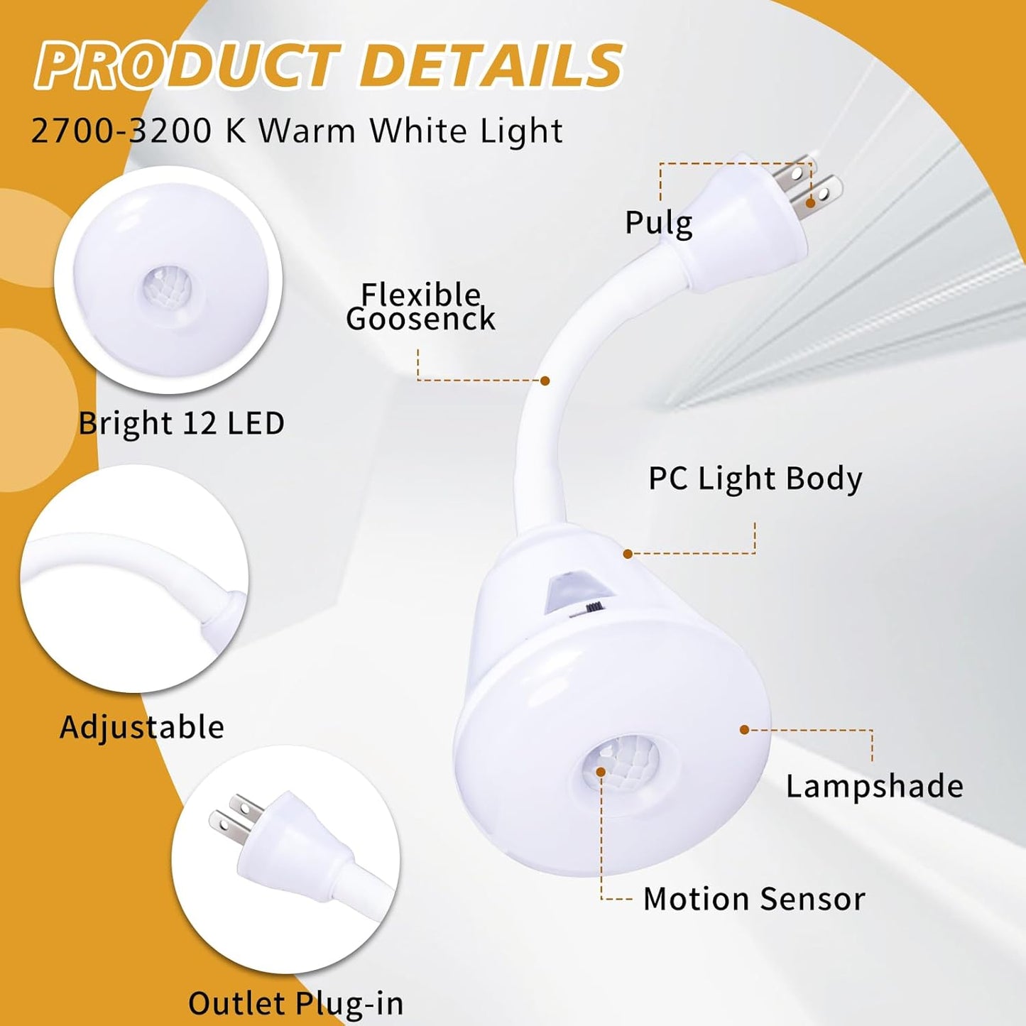 2 Pcs Plug in Motion Sensor Night Light Indoor LED Infrared Motion Detector Night Light for AC Outlet, Dusk to Dawn Sensor, 360° Rotating for Stairs Garage, 6W Cool White Light US Plug