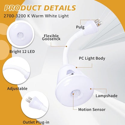 2 Pcs Plug in Motion Sensor Night Light Indoor LED Infrared Motion Detector Night Light for AC Outlet, Dusk to Dawn Sensor, 360° Rotating for Stairs Garage, 6W Cool White Light US Plug