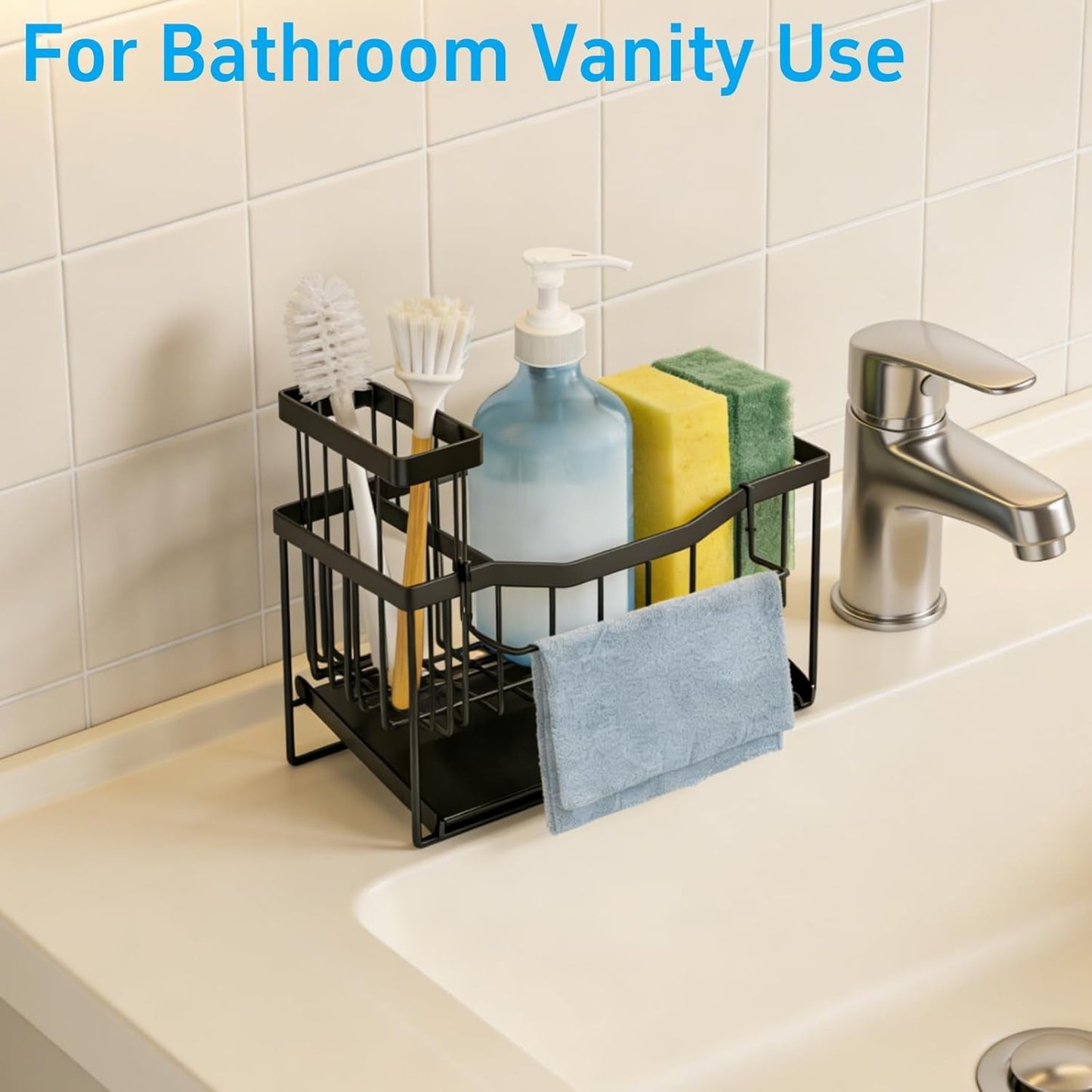 Sponge Holder for Kitchen Sink with Auto Draining Tray,Kitchen Sink Caddy Organizer with Rag Holder, Rustproof Stainless Steel Kitchen Organizers Soap Dispenser Storage Organize