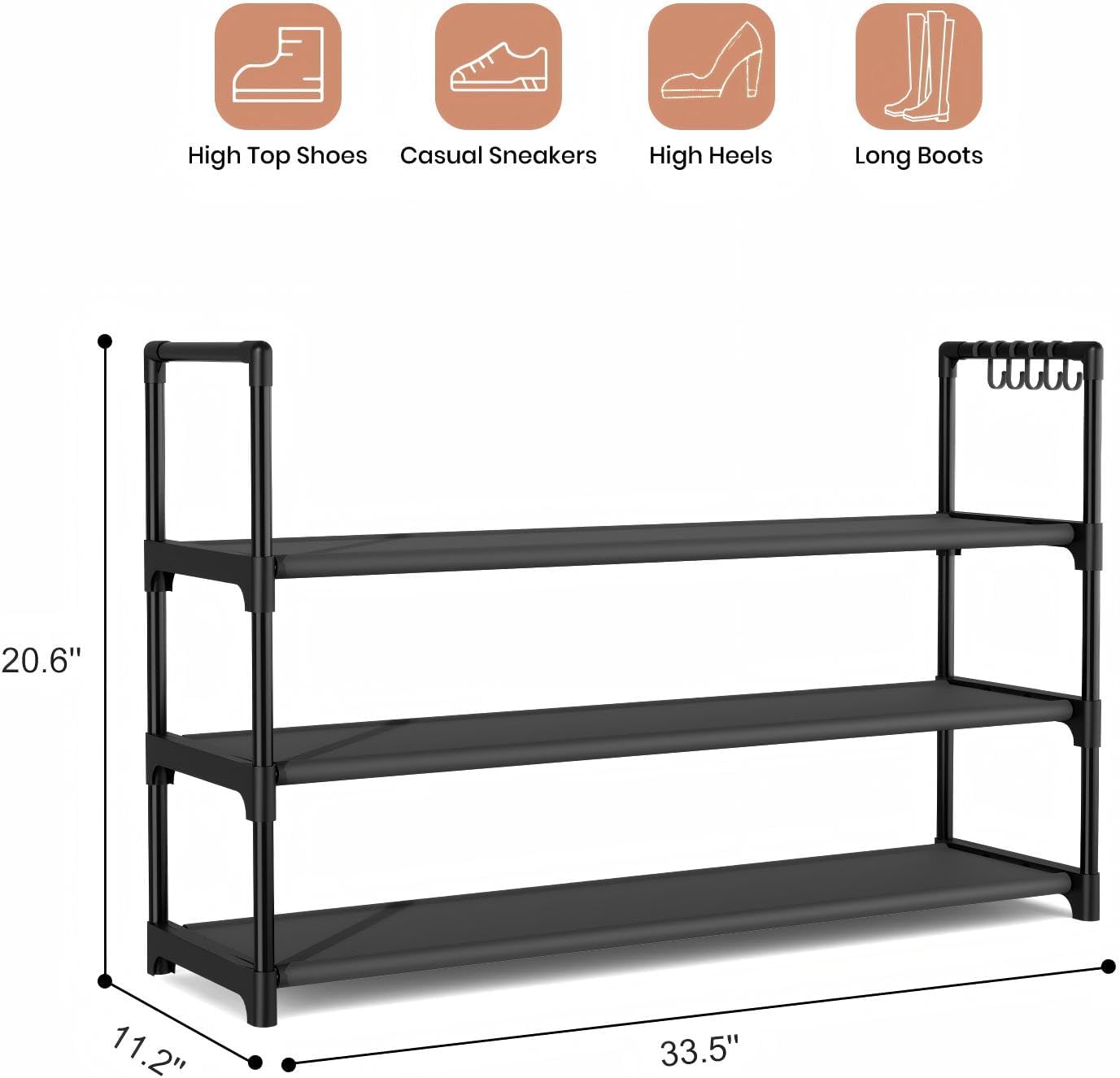 VILICK 5 Tier Shoe Rack with Hook and Side Pocket,Shoe Organizer Space Saver Storage for 20-25 Pair Shoe Storage Shelf Sturdy Free Standing Long Shoe Rack Organizer for Closet,Entryway,Small Spaces