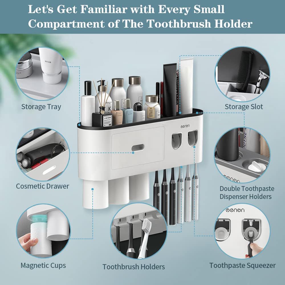 Toothbrush Holders for Bathrooms Wall Mounted, 6 Slot Toothbrush Holder with 2 Automatic Toothpaste Dispensers, 2 Magnetic Cups, Large Capacity Bathroom Organizer, Wall Storage with Drawer