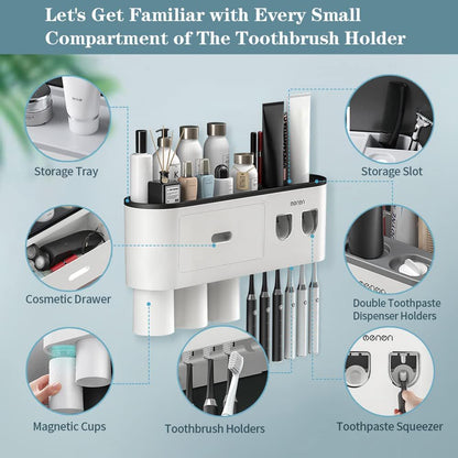 Toothbrush Holders for Bathrooms Wall Mounted, 6 Slot Toothbrush Holder with 2 Automatic Toothpaste Dispensers, 2 Magnetic Cups, Large Capacity Bathroom Organizer, Wall Storage with Drawer