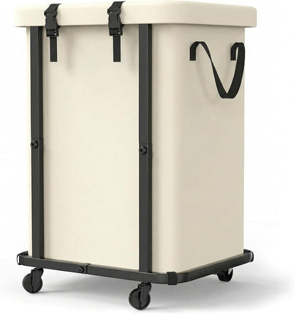 150L Laundry Basket with Wheels and Lid, Large Rolling Laundry Hamper with Removable Divider, Double Compartment Clothes Hamper, Metal Frame, White
