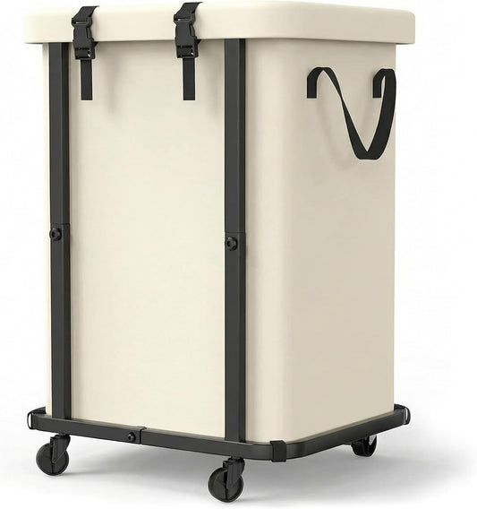 150L Laundry Basket with Wheels and Lid, Large Rolling Laundry Hamper with Removable Divider, Double Compartment Clothes Hamper, Metal Frame, White