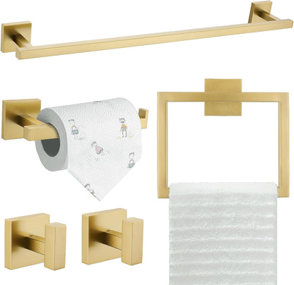 TQKAG Brushed Gold Bathroom Hardware Accessories Set 10 Pieces, 23.6" SUS304 Stainless Steel Towel Bar Set Wall Mounted Includes Single Towel Bar, Towel Ring, Toilet Paper Holder, Double Towel Hooks