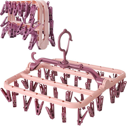 Foshine Clothes Drying Racks Foldable Clip Hangers Plastic with 32 Clips | Clip Hangers Wind-Proof Hook Underwear Hanger For Socks Bras Blue
