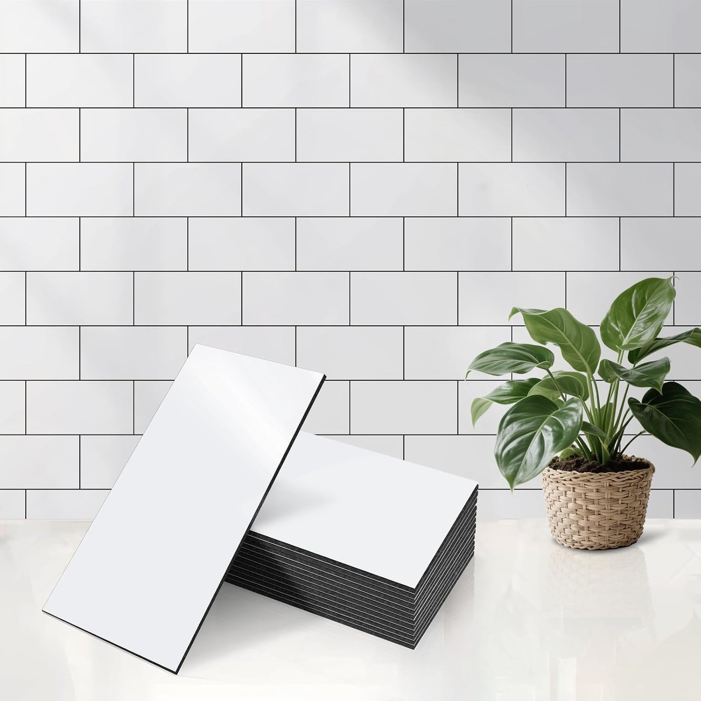 100-Pieces Peel and Stick Backsplash Waterproof PVC Shower Wall Tile | Glossy Pure White Back Splash Sel f Adhesive Stick on Subway Tiles for Walls Kitchen Bathroom