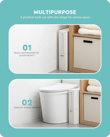 Baffect 2 Liter White Slim Bathroom Trash Can with Lid and Toilet Brush Holder