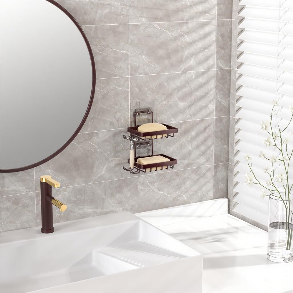 Moforoco Double Soap Bar Holder for Shower, No Drilling, 304 Stainless Steel, Wall Mounted Soap Holder with 4 Hooks and Razor Holder, Shower Rack Soap Tray Bar Soap for Bathroom Accessories Organizer