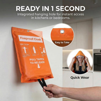 Fireproof Cloak with Transparent Visor, 1200°F Heat Resistant Fire Escape Cape for Home, No-Itch Silicone Emergency Fire Blanket for Rapid Family Safety & Survival, 71x63 Full Body