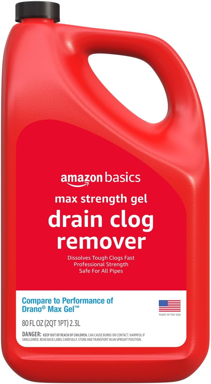 Amazon Basics Max Strength Drain Cleaner Gel, Hair Clog Remover, Dissolves Grease, Safe on All Pipes, 80 Fl Oz