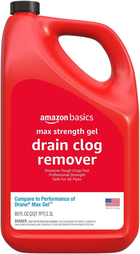 Amazon Basics Max Strength Drain Cleaner Gel, Hair Clog Remover, Dissolves Grease, Safe on All Pipes, 80 Fl Oz