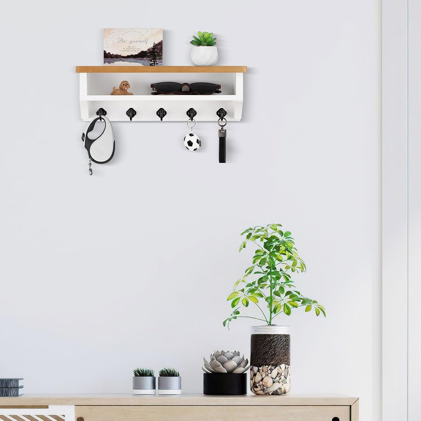 Nekon Key Holder Wall Mount, Wall Organizer Shelf with 5 Key Hooks, Room Decor for Home and Apartment Essentials, White