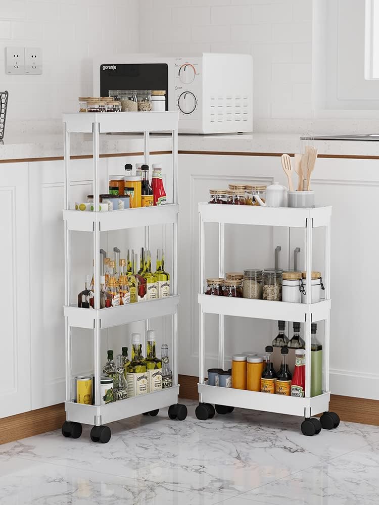 Sooyee 3 Tier Rolling Cart with Wheels, Slim Storage Cart, Under Desk Narrow Rolling Utility Cart Storage Organizer for Office Bathroom Kitchen Laundry Room Narrow Places, White, Plastic and Metal