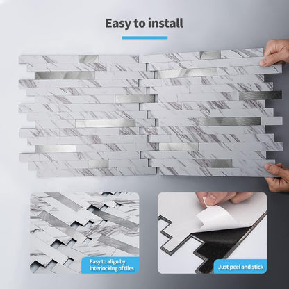 Art3d 10-Sheet Peel and Stick Backsplash Tile for Kitchen Bathroom Fireplace Laundry Room in White Slate with Gold Studded