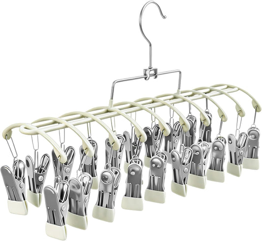 Sock Drying Rack with 20 Clips, Stainless Steel Laundry Hanger for Underwear, Space-Saving Clothes Airer with Foldable Hook, Non-Slip Clip Organizer Drying Station for Small Items